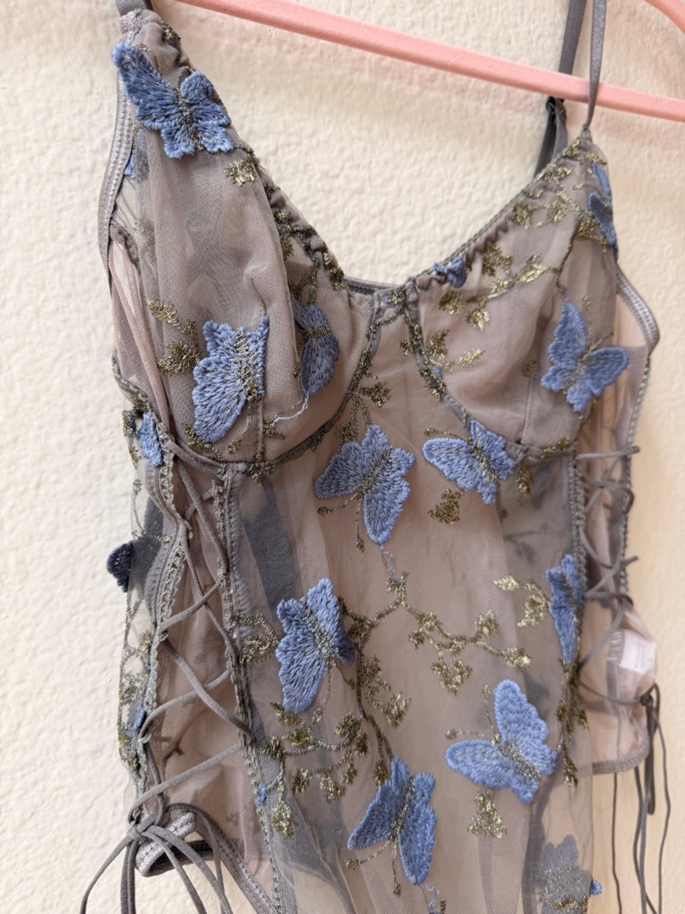 Sheer Butterfly Embroidered Bodysuit Lace Up Sides Gray Blue Mesh Lingerie Large - Picture 3 of 13